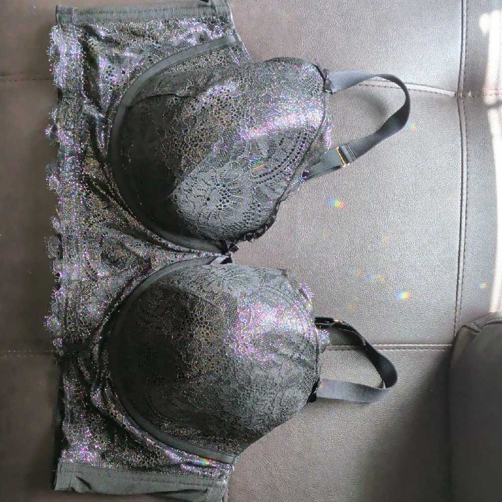 Cacique Black Lace Longline Bra with Iridescent Sparkle